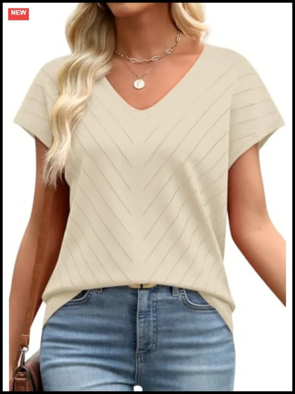 Women's V-Neck Short Sleeve Knit Pullover Lightweight Summer Top